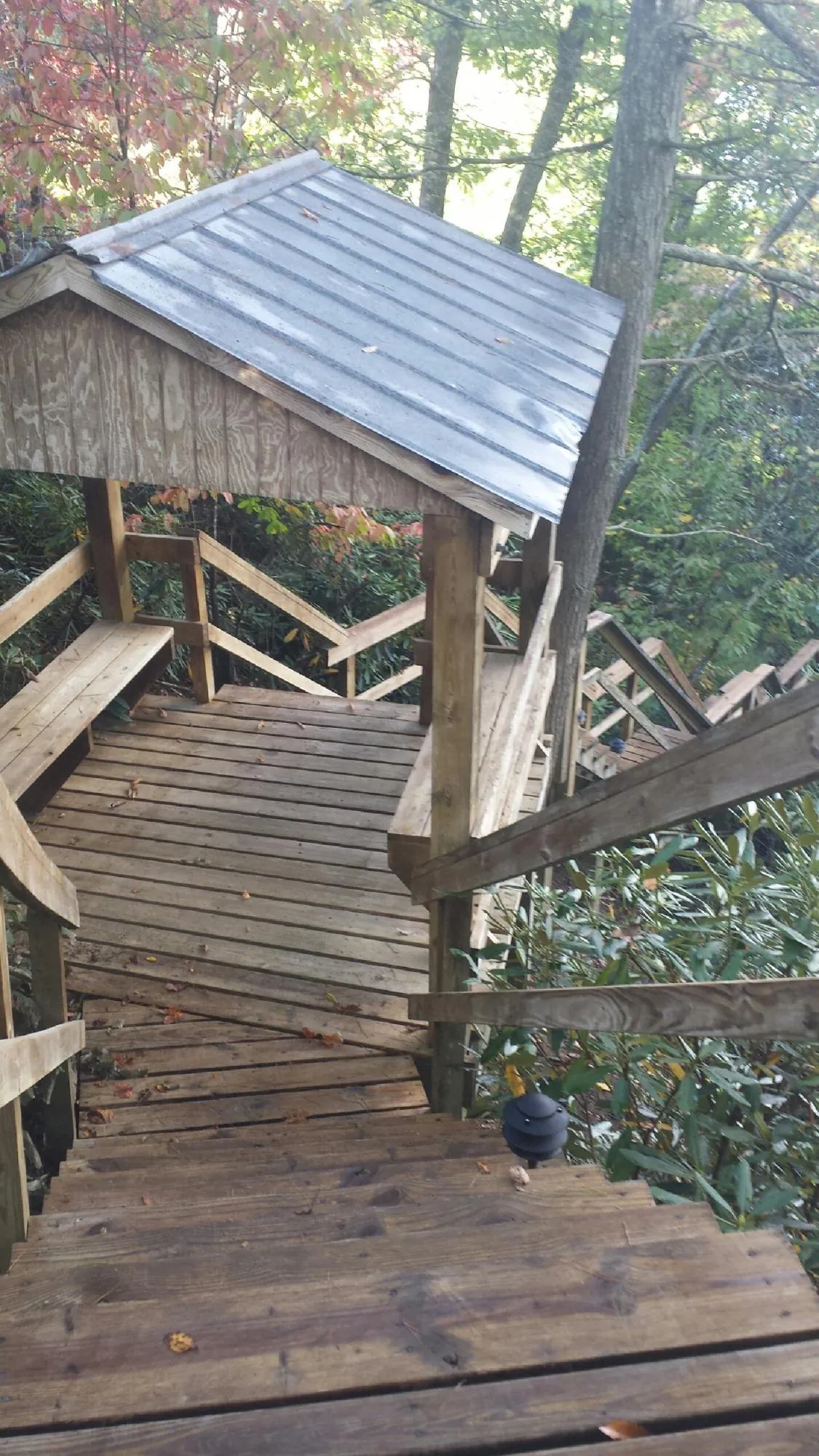 Metal roofed shelter over wooden steps on a wooded walkway — Skylight Repair & Installation work by our crew in Hallsboro